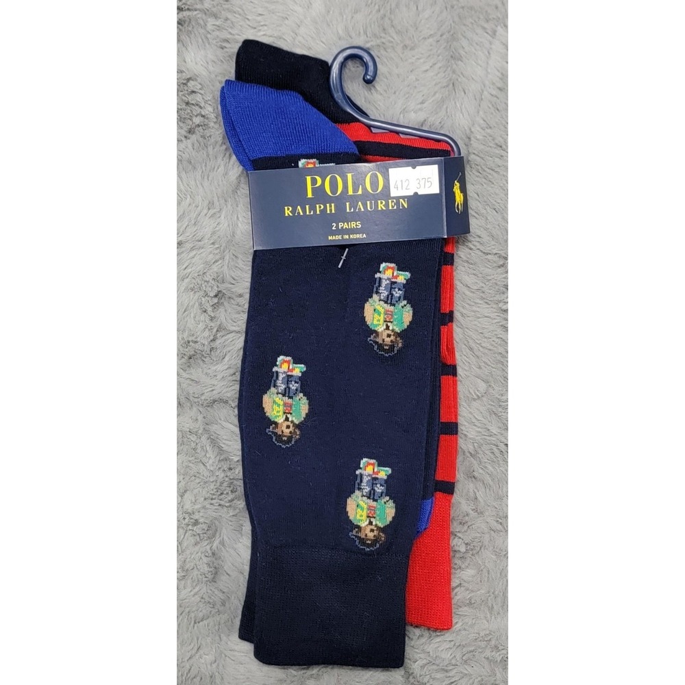 Polo Ralph Lauren Socks Mens 10-13 Navy Polo Bear Stripe Crew Mid Calf 2 Pairs